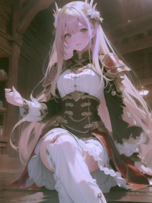 ((masterpiece)), (best quality), (highly detailed), (ultra quality), (8k wallpaper), (nice hands), (perfect hands), ((perfect anatomy)), shiny skin, Depth of field, pastel colors, kawaii, cute colors, beautiful small face, (clear face), (ultra-detailed), extremely, delicate and beautiful skin, detailed shiny hair BREAK 1girl, elf girl, pink cheek, purple hair, (very long hair), (one side up:1.2), purple eyes, (large breasts, cleavage:1.1), princess tiara, wearing Princess Dress, zettairyouiki, knee high tights with white garter belt, miniskirt BREAK arms down, at royal garden background, tea time, tea party, round table, teacup, chair, light smile, open mouth, light leaks, light particles, rim light, cowboy shot, mioha, more_details:0.5