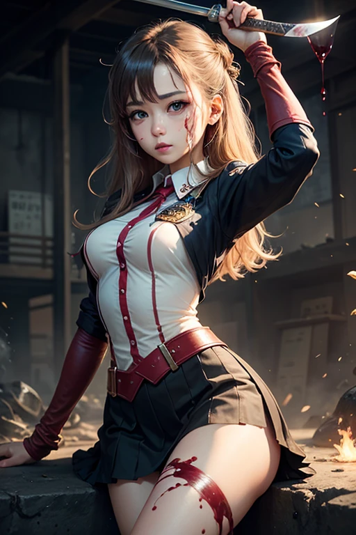 (ultra realistic,32k, masterpiece:1.2),(high detailed skin:1.1),( high quality:1.1),
1girl,<lora:add_detail:0.75>,
(looking at viewer, sitting, from below:1.1),
(soft shaded:1.1), cryo-prison facility, frozen criminals, suspended justice, secure containment, blurry background,
BREAK <lora:chinatsu_ba:0.7>chinatsu ba,halo,hairband,low twintails,brown hair,ribbon,blush,small elven ears,(makeup, mascara:0.9), (thick\lips\), (smile:0.6) , BREAK white collared shirt,neck ribbon, red gloves,long sleeves, armband, (huge breast:0.8),BREAK black pleated skirt, red pantyhose,