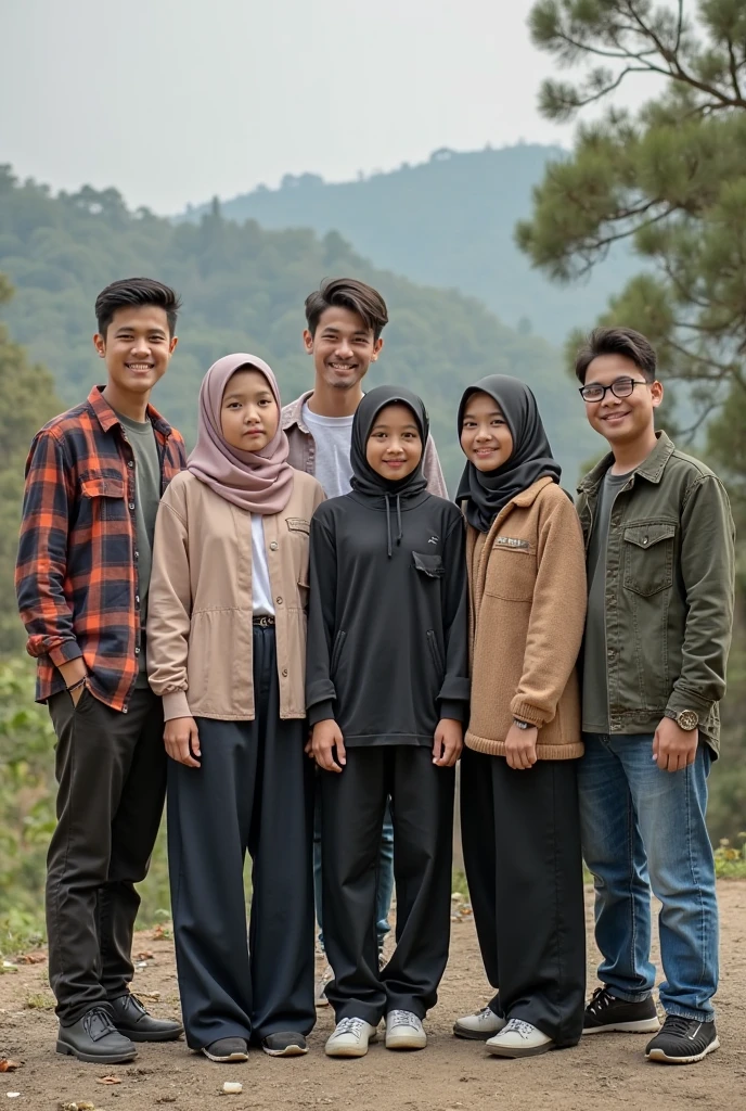 the title of the film is written aesthetically "matsu" with the correct spelling on the front, togetherness, very high quality photo, a happy scene, a man wearing glasses from Indonesia, 3 men from Indonesia, 3 women wearing hijabs and 1 woman with long hair wearing a hoodie, walking around chatting in the corner of the village, full body, realistic, cool and complicated visual effects, looks real and perfect, UHD 64K, very sweet