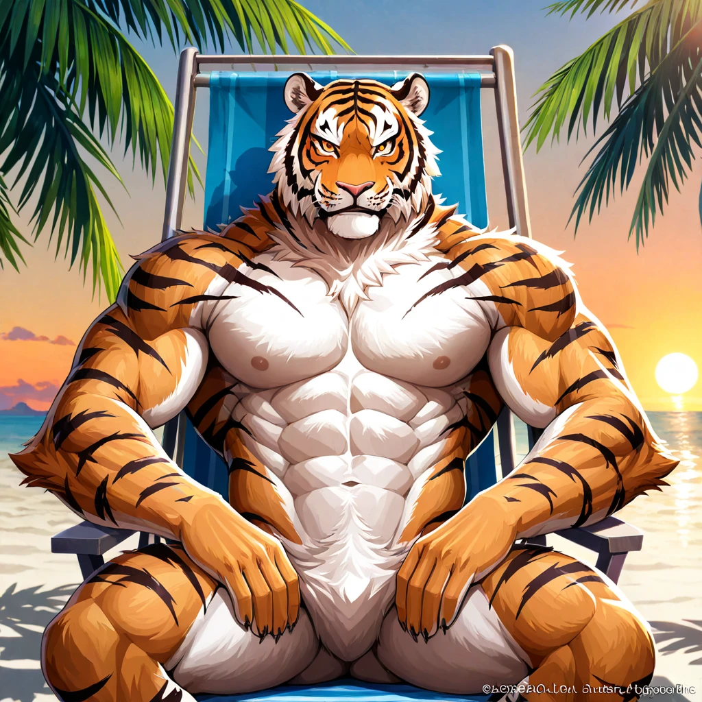 Very muscular furry tiger, wide back, bodybuilder build, big pectoral muscle, laying at the beach, wear black thong, very big bulge groin, glistening skin, sweaty, cinematic lighting, professional angle, vibrant color