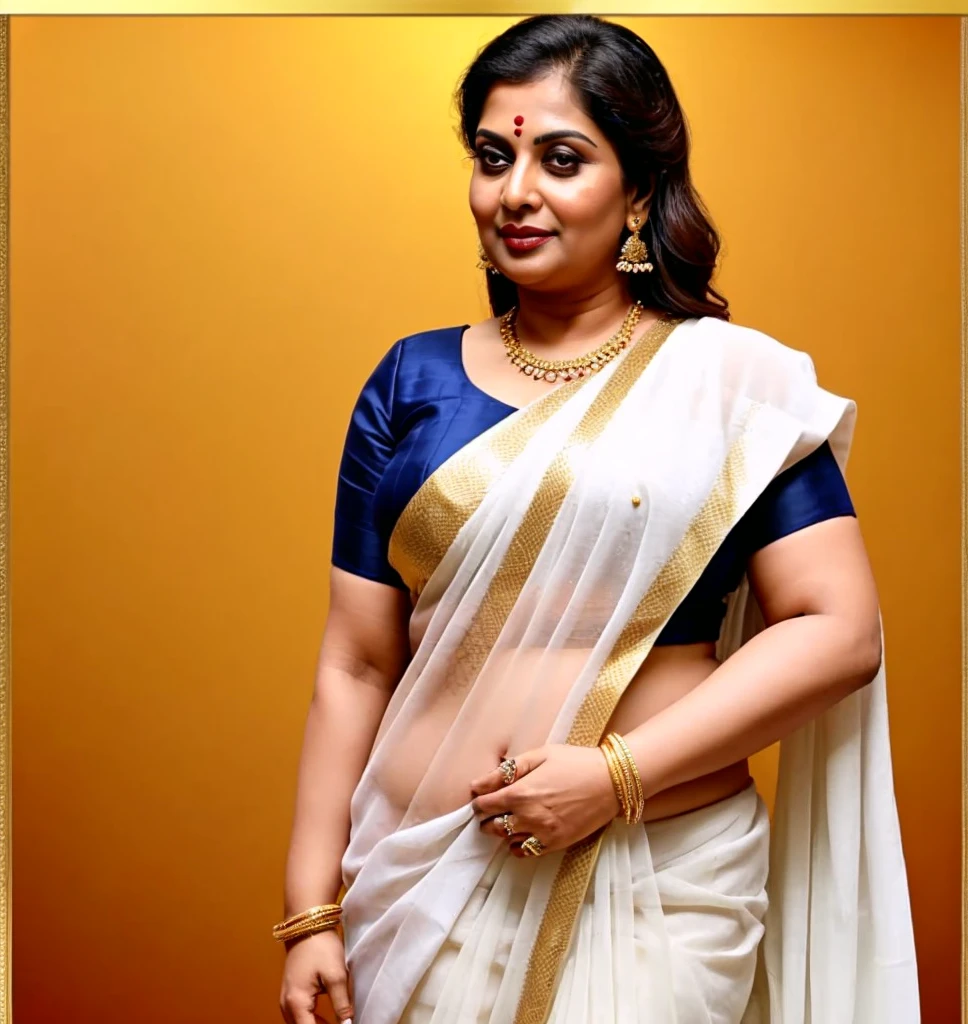 A 50-year-old man  affectionately hugging and kissing on lips of a radiant, full-figured South Indian  45 year old very beautiful bride wearing a cream silky saree and blue blouse in  office, other people cheering next to them, captured in a full-body image with vibrant hues and meticulous details. Full body image