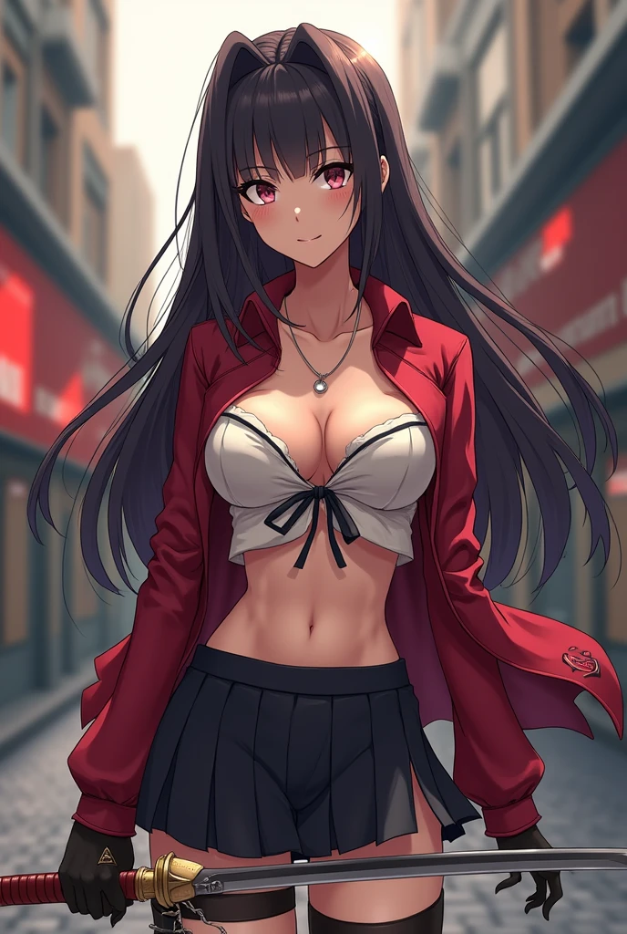 (masterpiece, best quality, ultra-detailed, 8k, wallpaper, photorealistic), (close-up shot), beautiful girl, voluptuous body, perfect hands, (hmjy1), (exposed cleavage), (wet long sleek hair), (blunt bangs), red eyes, (Yumeko Jabami), (wet , wet red jacket, wet black pantyhose, wet see-through white shirt, black ribbon), (a wet black and grey checkered mini skirt, pleated skirt), (one hand at the back of her head, one hand on her waist), (heavy rain), wet long sleeves, psycho smile, excited smile, open mouth, erotic face, red face, wet skin, wet pavement