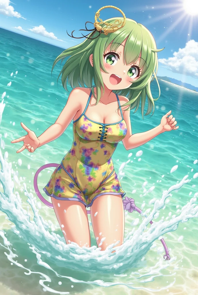(panoramic, low angle style), (pov, dynamic pose), (solo:2, 15 yo), (detailed beautiful ponytail green hair long hair) (best cute girl) (beautiful sexy yellow eyes) (love smile), in a pink summer one piece dress, break, in the Hiji Falls, background immensely beautiful biggest A vast waterfall, BREAK, 16K, masterpiece, best quality, beautiful detailed waterfall.