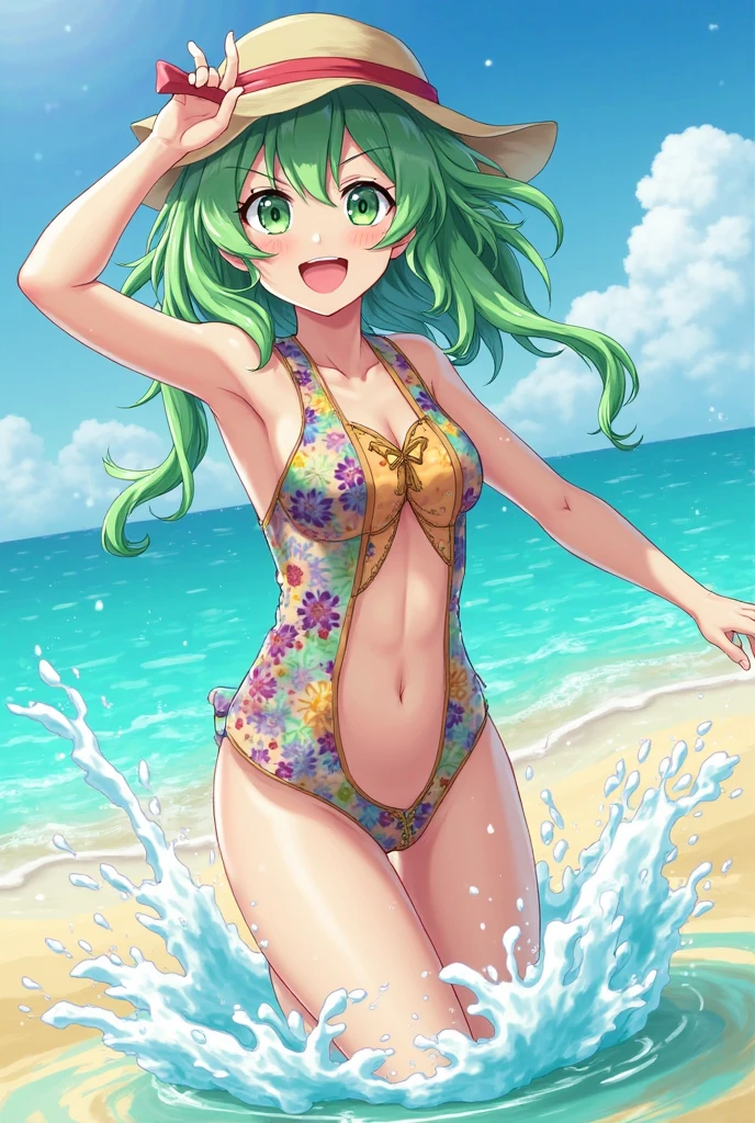 (Masterpiece), Best Quality, ultra-detailed, 1girl (zodiac_mallow, lovely small breasts, dark skin, green hair, long hair, twintails, green eyes), a bright face,  smile, open mouth, solo, green  parkas, pink frill bikini, outdoors, beach, standing, Sexy waist teasing 