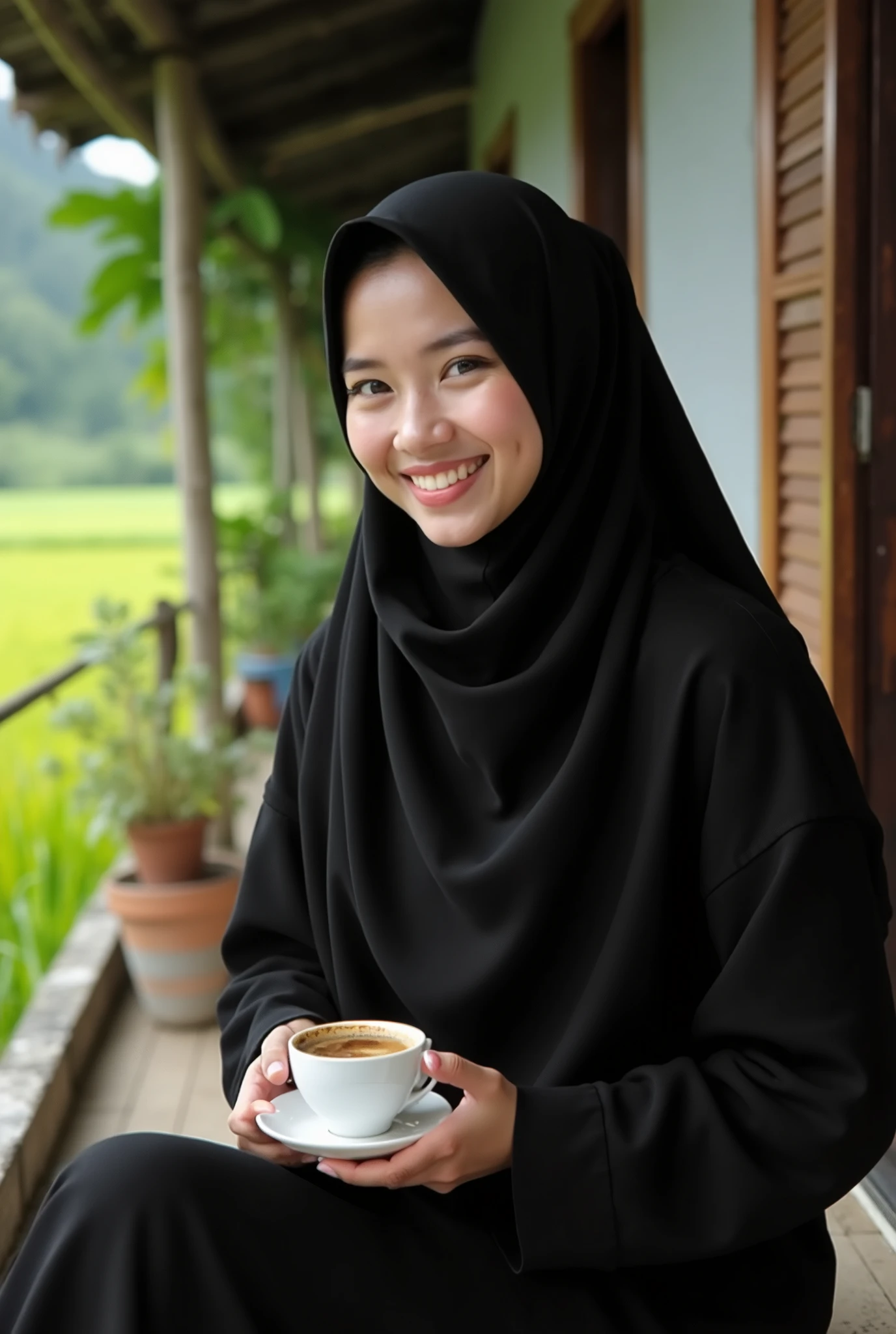 Prompt
Fresh water, a cup of warm coffee in the hands of a Muslim woman wearing a hijab, smiling sweetly sitting on the porch of a simple house in the middle of a rice field, wearing a traditional black