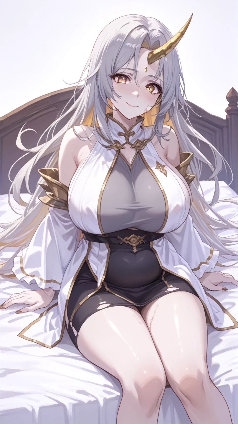 ningguangrnd, 1girll, 独奏, ((white shirt)), black thighhigns, nedium breasts,, 校服, office backdrop, a black skirt, pleatedskirt, office room, hair between eye, hair adornments,big cleavage breasts, long whitr hair, looking at viewert, silber hair, silver short nails, red eyes, 独奏, Thighs, thighs, upper legs, long whitr hair, ((tmasterpiece)), Sat down, a chair, Study desk, Computer on the desk, name badge, ID tags, inside in room, Be red in the face, sexyposture,pregnant belly,Pregnant belly