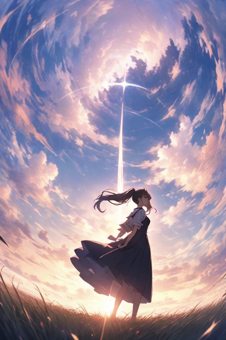 Create exquisite illustrations reminiscent of Makoto Shinkai's style, It has ultra-fine details and top-notch quality, Create illustrations featuring children frolicking freely in a calm sky of enchanting whims and nostalgic. The sky itself exudes an aura of enchantment and nostalgia, Dreamy casting, hazy atmospheres. It serves as their endless playground, Full of surprises and possibilities. When they soar through the air, Their laughter and joy are carried by the breeze, Creating an image of carefree exploration. The clouds above form a picturesque background, Add a dreamy nostalgic quality to your scenes. This moment is、zora々Capture the essence of vibrancy, The magic of flying, Eta、The timeless charm of the sky