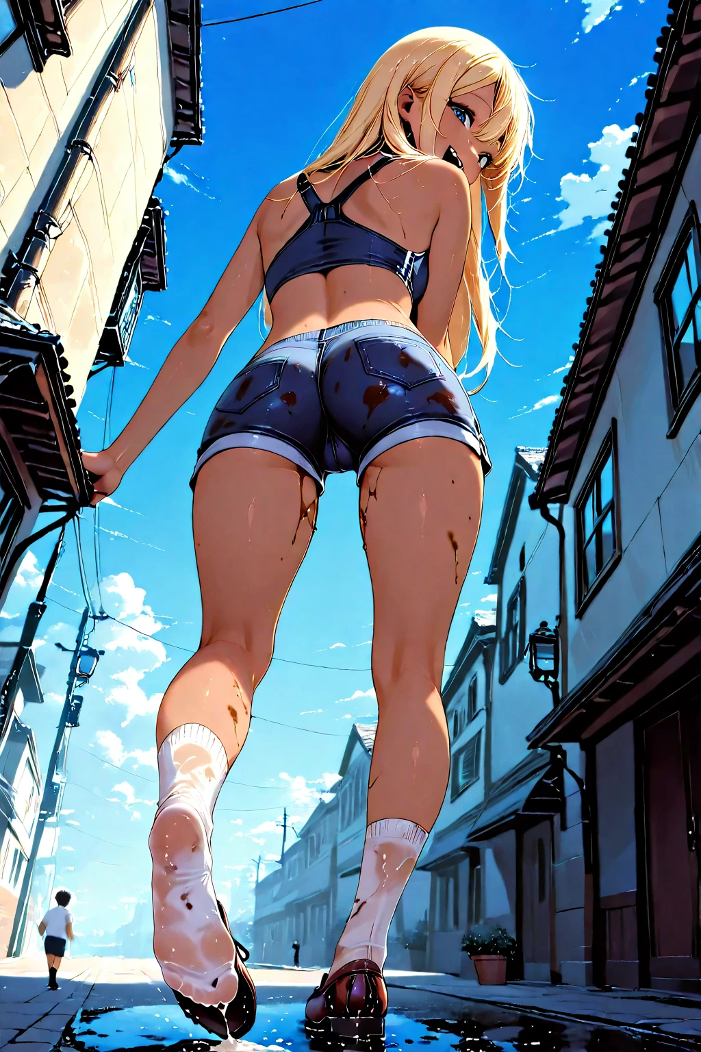 Giantessのイラスト、masterpiece、Highest quality、Giantess、Giantessのイラスト、smile、Open mouth and show teeth、beautiful身体、beautiful、Anime illustration、A small building being destroyed underfoot、Tank top、Shorts、Low - Angle、walk、Looming、I can see my feet、Draw a woman in a big way、Giantess、Hands on hips、giantess、Destroyed small town、Destroyed small building district、Smoke is rising、The fugitive々、Destructive illustration