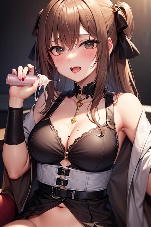 Anime, POV,  1girl, brown hair, short pony tail, brown eyes, Huge breasts, hanging breasted, underboob, wearing Gothic and Lolita clothes, no bra, bottomless, show off pussy, panties aside, Looking at Viewer, Smile, skyporn, in Offstage, From  above, Nipple Tweaking, Areola,big areolae,  puffy niples, nipples through, ((best quality)), spread legs, sit, oral invitation, (finger to mouth), (((cum in mouth, cum in pussy, cum on face, cum on body, cum on breasts, cum on hair, excessive cum, pussy cum)))