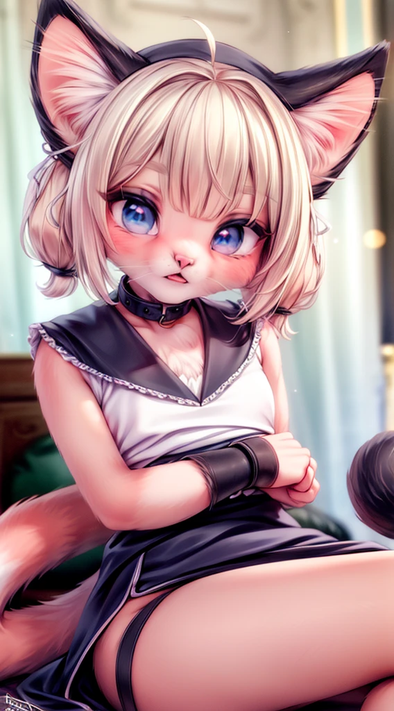 A beautiful detailed android girl with cat ears, large expressive eyes, long eyelashes, cute button nose, luscious pink lips, detailed face, porcelain skin, elegant cat-like pose, Android 21 from Dragon Ball, wearing a tight latex catsuit, tail swishing, dramatic lighting, cinematic composition, rich colors, highly detailed, digital art, photorealistic, masterpiece, 8k