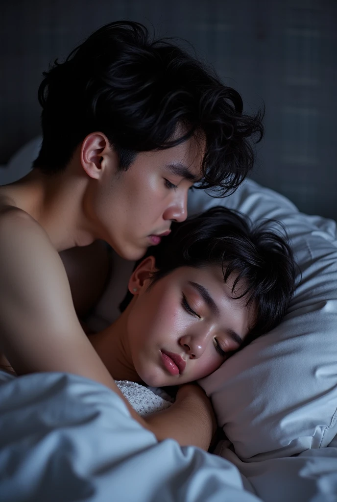 In a softly illuminated bedroom, a 2 boy and a girl, both dressed in matching black shirts, share an intimate moment that exudes warmth and affection. The girl lies comfortably on the neatly made bed, her hair cascading around her head like a soft halo, her black shirt slightly creased from her relaxed posture. She holds the boy close to her, one arm wrapped securely around him, her fingers gently brushing through his hair.
The boy, nestled into her embrace, rests his head against her chest, his eyes softly closed as he takes in the steady rhythm of her breathing. His black shirt clings to his frame, and the soft light from the nearby bedside lamp casts a gentle, golden hue over their bodies, highlighting the serene expressions on their faces. The air between them feels charged with quiet understanding, the world outside fading into insignificance as they find solace in each other’s presence.
The room itself is simple but comforting—white sheets neatly tucked under them, a few scattered books on the bedside table, and dim curtains swaying gently as a breeze whispers through a slightly cracked window. The soft hum of the night outside enhances the stillness inside, wrapping the couple in a cocoon of intimacy, where words are unnecessary, and only the warmth of their embrace speaks volumes.