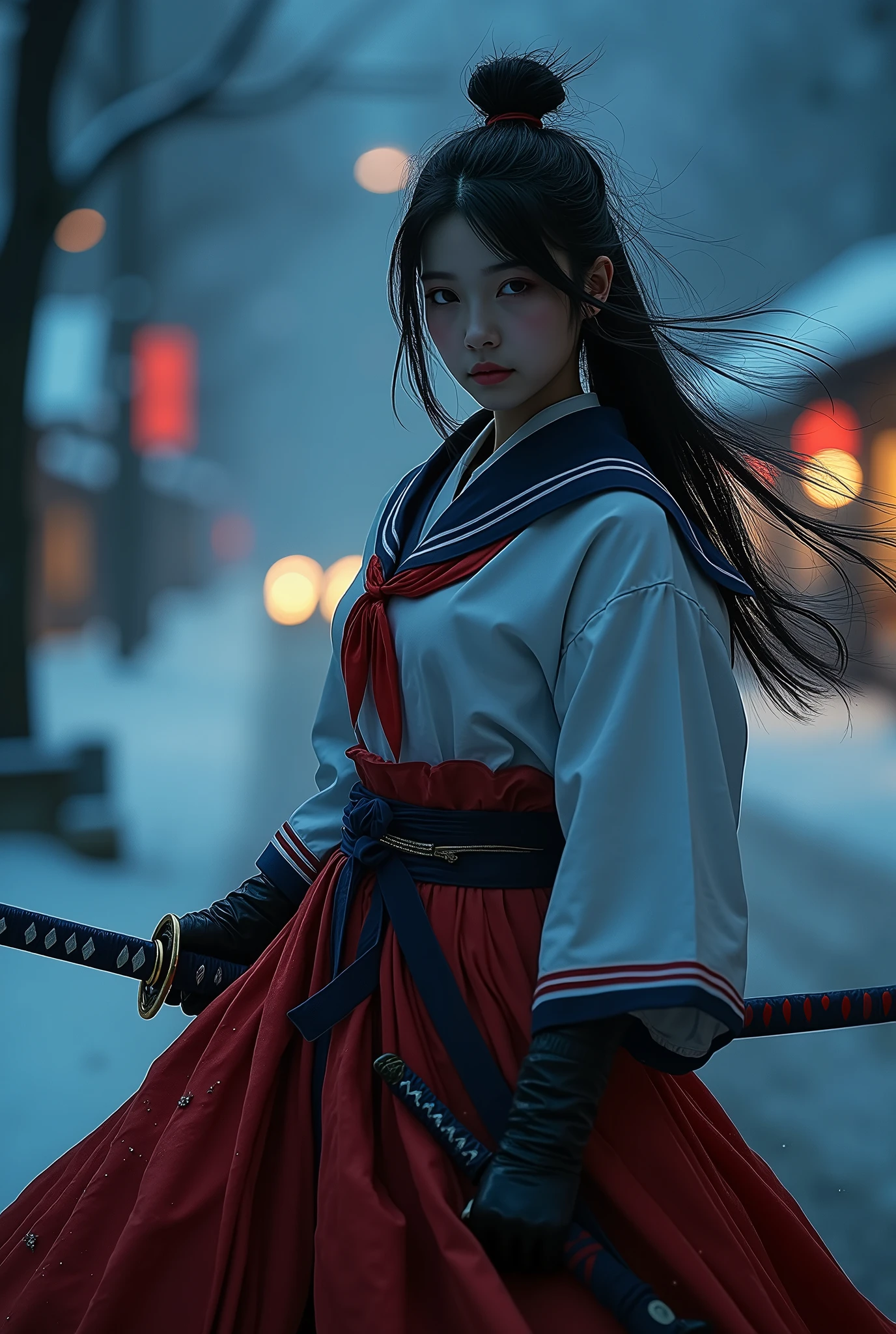 Realistic image、realistic photo style、realistic skin texture、A High School Girl Who Traveled Back in Time to the Edo Period、Wear it over a brave sailor suit、Staring in the form of a swordsman、Realistic image、Images that make you feel the story、Night Road、Hold up your sword and your skirt flutters in the wind、Impressive、spirit、emotional images、snow