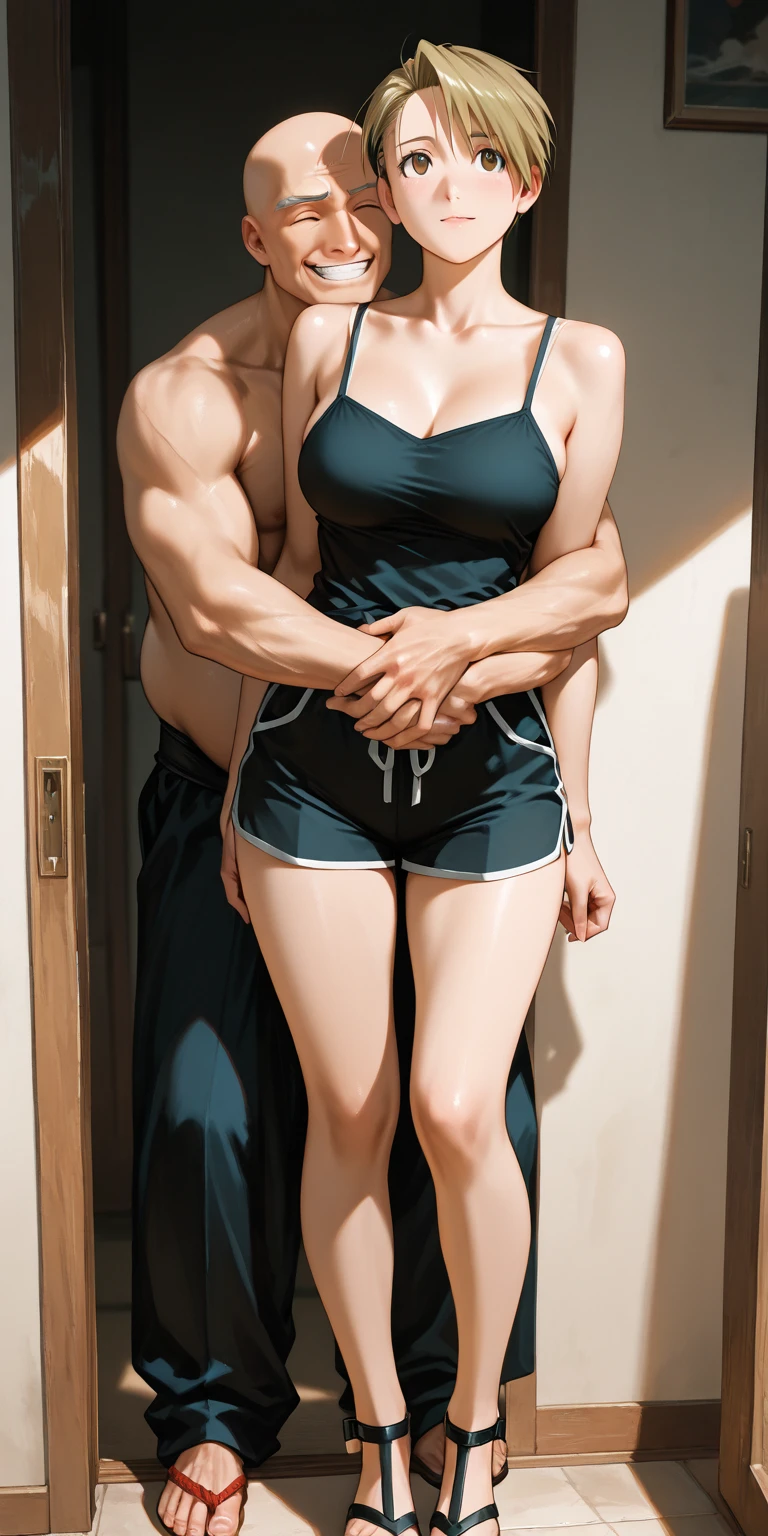 couple, 1 boy and 1 little girl, musculature, (((((nakeness))))), Full body like, handsome, Tall, in a  bedroom, chest muscle, Abs, biceps, Thigh muscles, marble floor, A Japanese-style room, dutch angle, best quality, anatomically correct