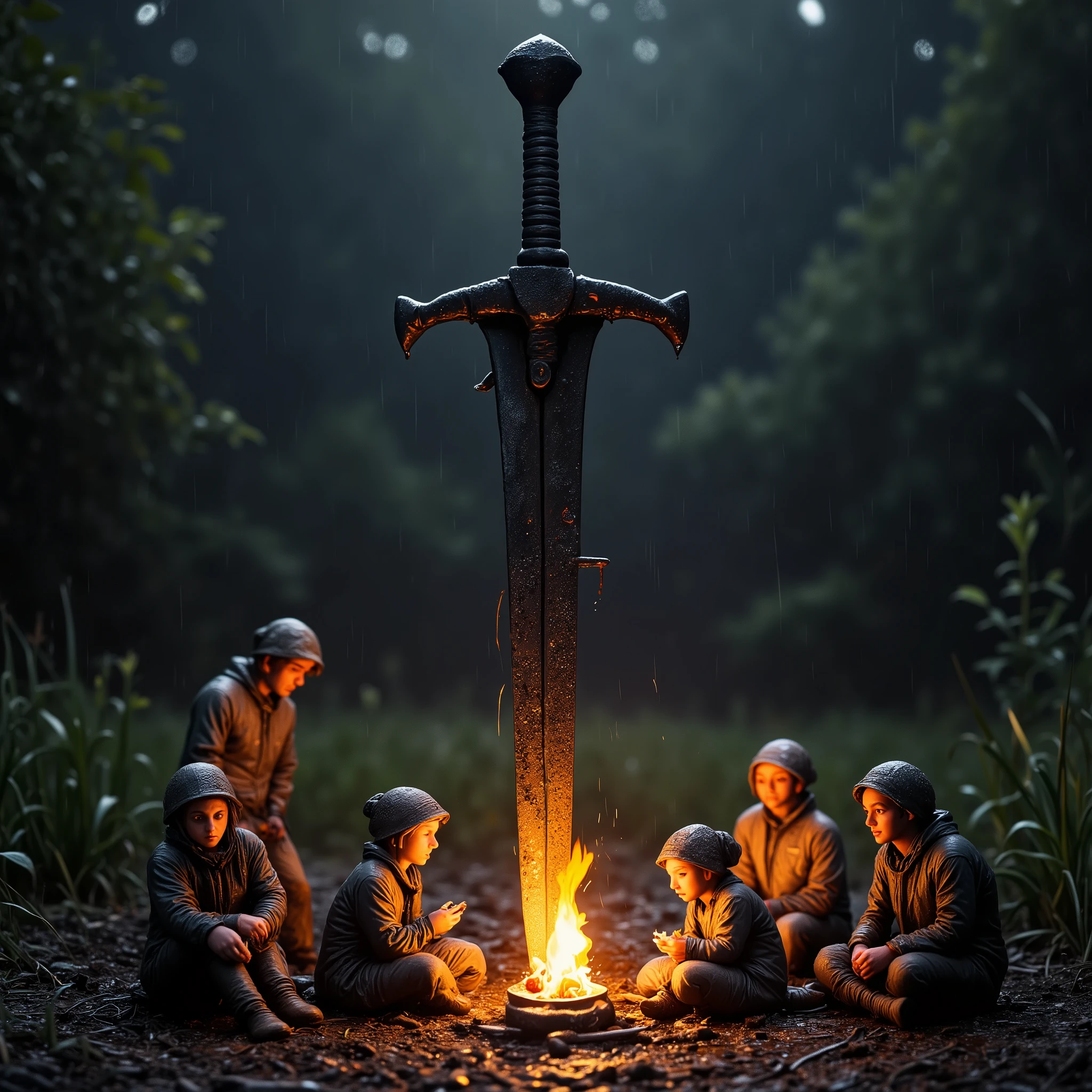  (it's pouring rain:1.8). Under a huge, black sword, the enormous and giant sword is planted in the ground, the handle is completely embedded in the earth, its handle stuck in the ground like a tree, A group of miniature adult travelers rests next to the bright light of an unlit torch. woman rests near the firecamp. They are both men and women. Tents made of pocket fabric and poles of broken toothpicks line the base. The sword's handle itself reflects the firelight, rising above them like a monument. The characters eat from bowls made of bottle caps, their clothes patched with scraps of labels. (it's raining:1.8). Their realism—from posture to texture—is emotionally grounded. The travelers' faces are extremely lifelike. They are, in effect, miniature men. photorealistic lifelike professional shot. 