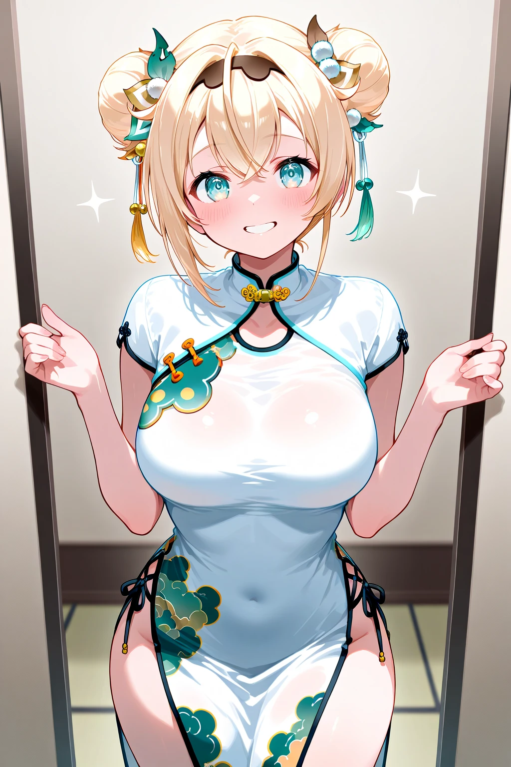 Blonde, blue eyes, girl, small breasts, twin tails, girls, small breasts, lolita, bright smile, look around 15 years old, petanmusume, short, eye highlights, sexy thighs, wearing Chinese clothes, aside Show down, your eyes are very beautiful, highlights