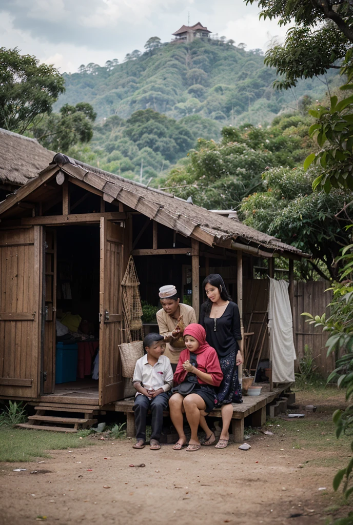 An old woman with three children is sitting in the mud with huts on either side of her and the children are crying