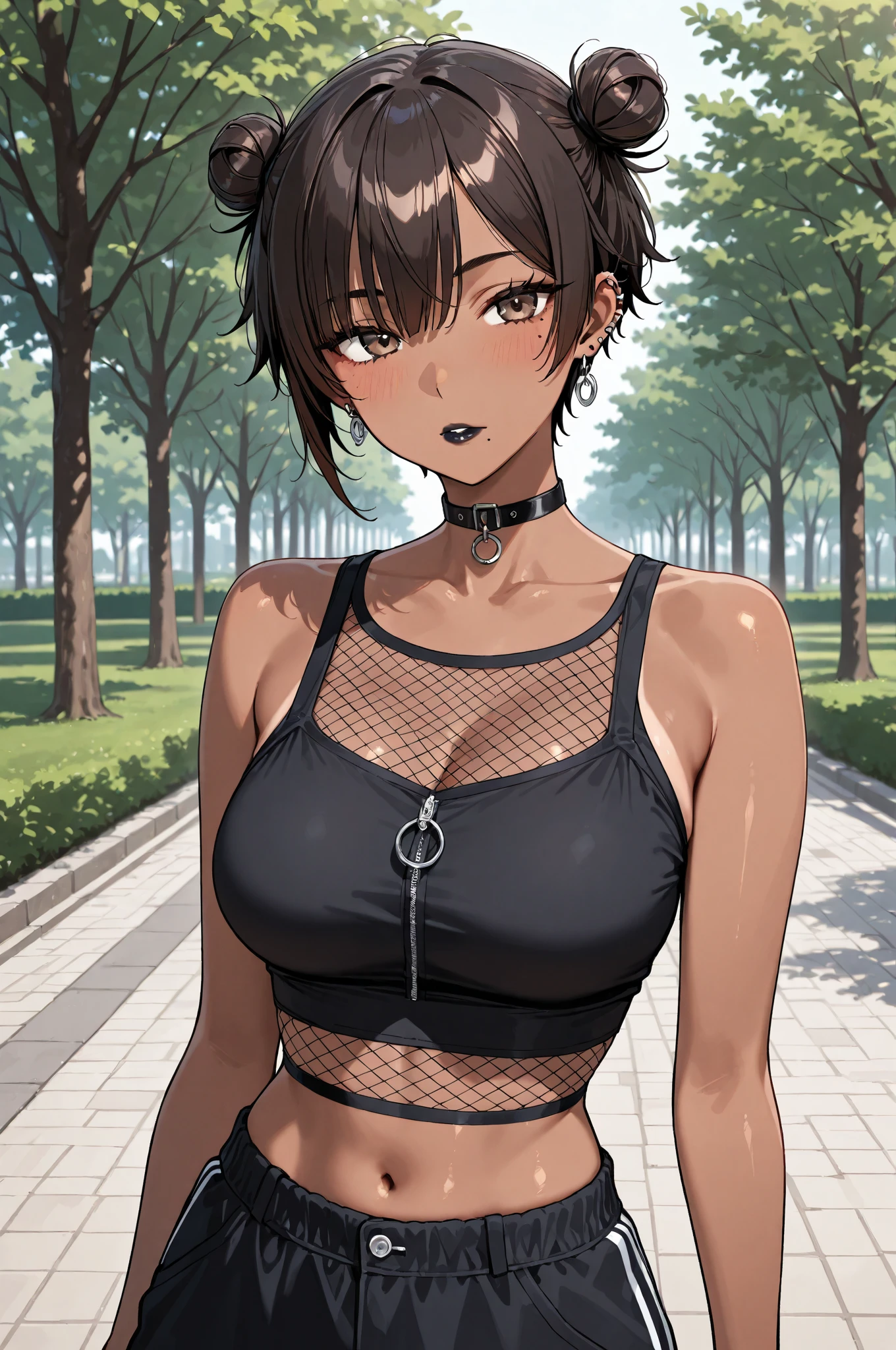 ((Masterpiece)), ((Best Quality)), Ultra High Resolution, HDR, absurderes, 8K, (1 girl), intricate details, ultra-detailed, dramatic lighting, blushing, smile, green eyes, short black hair, bob hair, choker, crop top, (black tank top), (black pleated mini skirt), gorgeous girl, large breasts, cleavage, gorgeous body, vivid colors, full body view, sharp focus, detailed illustration, detailed background, outdoors, depth of field, shy, feminine, professional artwork, standing up, in city