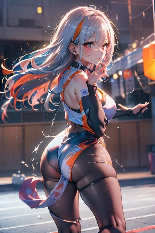 moderniadef,(white leotard:1.5),smile,open mouth,large breasts,(cameltoe:1.3),(((raise ASS:1.3))),(ass focus,from behind:1.3),(looking back,all fours:1.3),masterpiece,Noise Reduction,perfect anatomy,high resolution, ultra-detailed, ultra-detailed face,game cg,dutch angle ,beautiful detailed eyes,visualart,five fingers, perfect hands, perfect lighting, sparkling pupils,