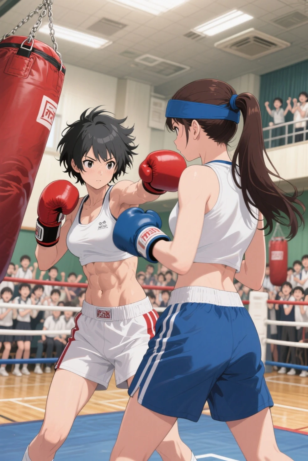 1 woman 1 man, beautiful female fighter vs male opponent, female fighter superiority, office lady, tight skirt, light brown hair, boxing globe, punch attack to male opponent, sweat, smirk, open mouth, POV, at wrestling ring, spotlight
