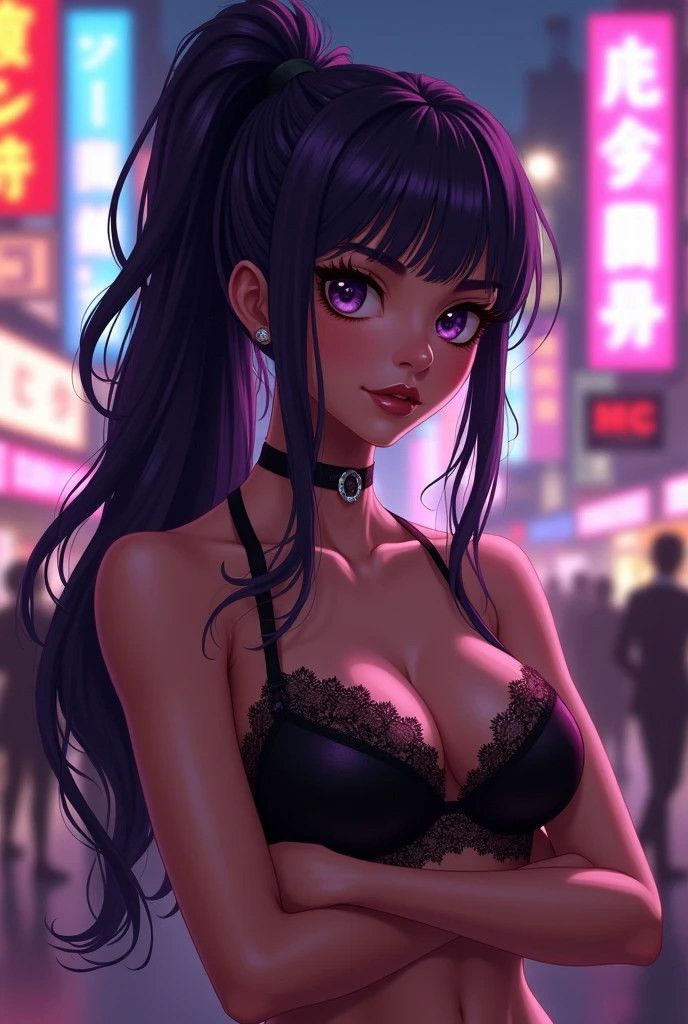 (ultra-detailed,photorealistic:1.2), HDR, professional, vivid colors, bokeh, 3D rendering, sexy curvy girl, solo, purple hair, ahegao face, big boobs, sensual, seductive pose, soft lighting, lace lingerie, high heels, boudoir photography, glamorous, confident expression, alluring gaze