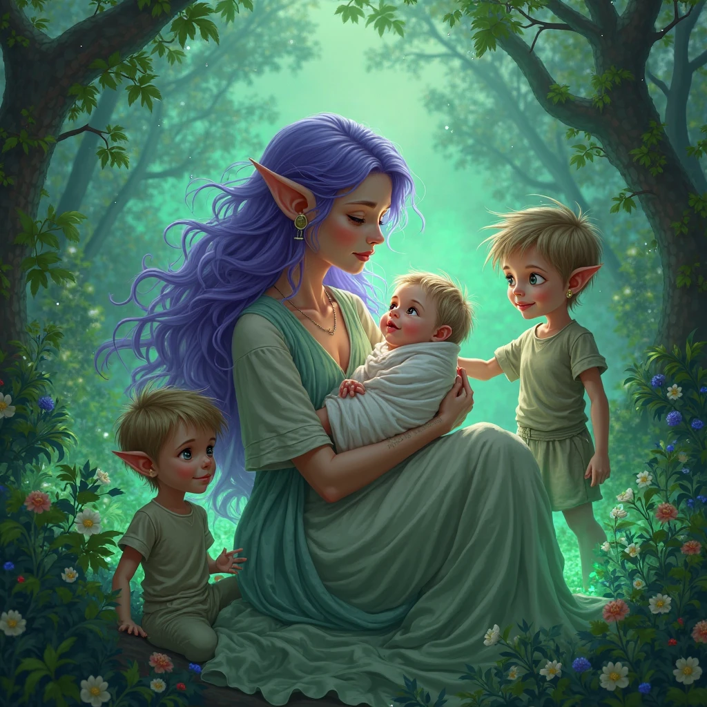 Make a fairy man character, bonitas. Blonde hair with some white streaks. Taking care of a cute baby. Inspired not rumplestilkin. dark fantasia.