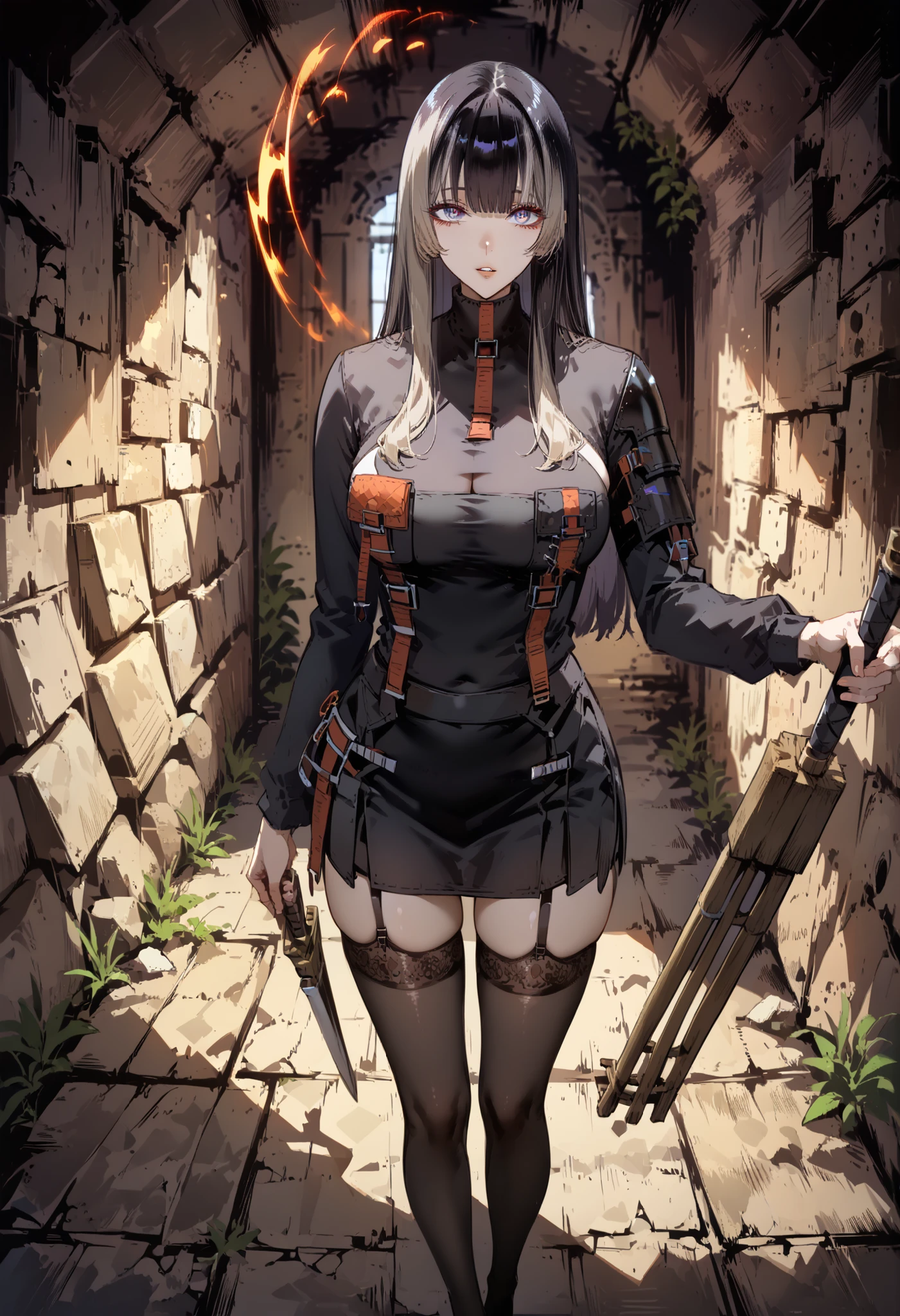 caveの中、、Ruins、Attach a、black suit、Attach a、sword、Japanese sword、black suitを羽織る、black suit、Wear a black jacket、ゴスロリなshirt、Depressed、Tall Woman、A woman in her thirties、 Alassah's woman、Steins;Gate、black suit、score_9, score_8_up, score_7_up, Source_anime,masterpiece、No expression、no makeup、top quality,beautifully detailed eyes in a logistics warehouse, Exquisite Eyes、A sophisticated eye、very detailed eyes and face,unmotivated expression、lethargic face、 long breasts, Female 1, Black Jacketを羽織る、Black Jacket、shirt、miniskirt by kouenn、short skirt , big saggy breasts, shockingly big breasts, big breasts,big boobs、boobs 、Zitoida, makeup、no makeup、long hair、smooth straight hair、black stockings、garter belt to carry a sniper gun、黒のgarter belt to carry a sniper gun、tall woman outdoors at the seaside、Tall Woman、plump thighs、taken from above、Armor, parted lips, shoulder Armor, shining eyes,(fire aura on the right hand),dungeon内、long hair、dark haired、黒い髪、long straight hair、dungeon、cave、Ruins、jungle、standing alone、solo、swordを持っている、soloプレイヤー、red aura、Wear supremacy、 Crimson Aura 