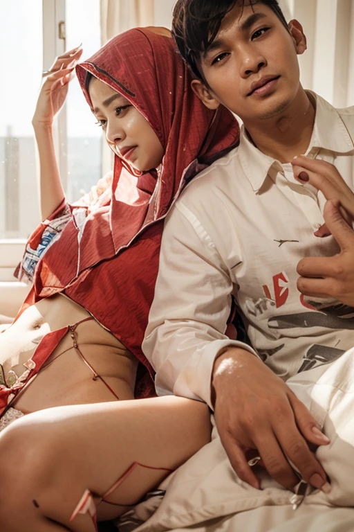 Beautiful fair skin matured indonesia girl in hijab sitting in men lap, in crowded meeting room, seductive sexy face, 25 years old, milf, angry pose, ultra detail face, detail skin texture and wrinkle, crowded  room, morning, wearing hijab, flower red color hijab, nude, medium breast, flat chest, wide waist, thick thighs, bright lighting, white lighting, dramatic lighting, high quality, cinematic movie shot angle and framing, weeding ring, bracelet and watch, nsfw, show pubic hair, naked, show vagina, seductive face, seductive lips, wet lips, 1 men hug from behind, sit with open leg, hugged by 1 man, wet body girl