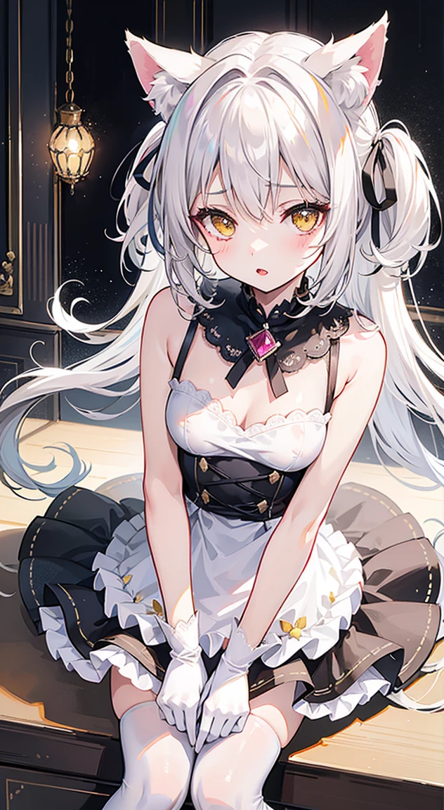 Description: 1girl, solo, , looking at viewer, blush, open mouth, bangs, thighhighs, gloves, dress, animal ears, hair between eyes,  shoulders, brown eyes, collarbone, yellow eyes, white hair, thighs, small , parted lips, sleeveless, indoors, cat ears, white gloves, white dress, covered , white thighhighs, animal ear fluff, , leaning forward, sleeveless dress, short dress, frilled dress, cat girl, slit pupils