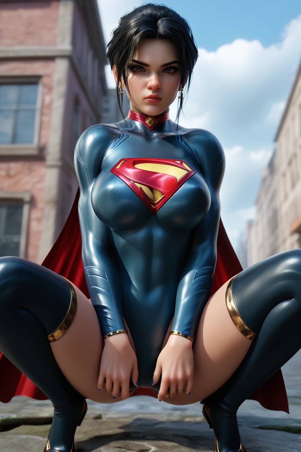 NSFW、top-quality、Top image quality、​masterpiece、Create Japan Women, Day Park Bench, Black shiny hair, 15yo student, Ponytail hair with bangs, Blue Eyes and Igamem Realistic RAW 8K, Park bench in the blue sky, Lens Tips, Superman S, Uniform style separate costume for athletics、sleeve less、Superman's Supergarment is Blue Metallic、abdominals、(((Small red metallic panties))), (((highleg)))、(((Cameltoe))), bulge in panties, female pervert々Lion Junior,　(embarrassed from)、red blush, (Sweat), Superman S symbol on background、(((M-shaped legs)))、(((Open your crotch wide from side to side))), (((Show me spread your legs)))、(((Long boots in red metallic　pin heels)))、gazing at viewer、Show your crotch to viewers、Professional filming、profetional lighting、natural soft light、