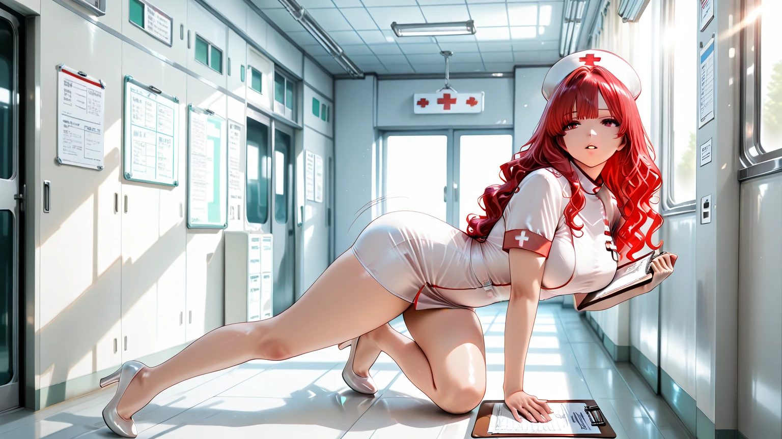 beautiful young woman, anime style, long flowing red hair, red eyes, delicate features, soft lighting, wearing a nurse uniform, short white mini skirt, no hat, elegant design, thigh-high stockings, exposed thighs, hospital background, caring expression, dynamic pose, Japanese anime style, high quality, highly detailed, 8k resolution, cinematic lighting, best quality, vibrant colors, Instagrammable, aesthetic, trendy