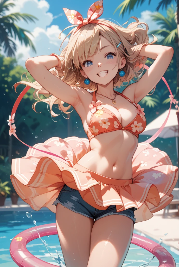 Anime style, super fine illustration, highly detailed, dynamic angle, beautiful detailed, pale tone image, gentle expression, pretty 1girl with blonde straight short hair & blue eyes & a bright smile & full bust & pink nipples & soft fair skin is wearing a light blue bikini on the romantic beach, brilliant particles of ligfts, Magic hour, romantic stories, solo, perfect fingers, perfect arms, perfect legs, masterpiece.