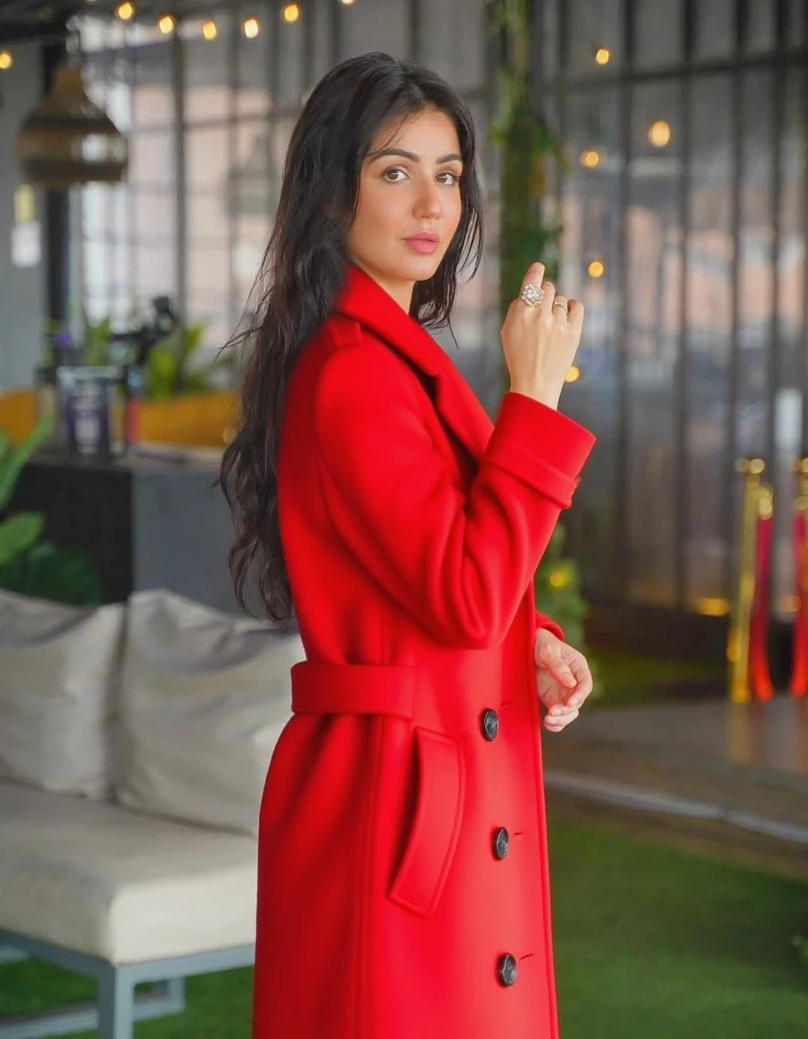 Formal picture of a woman wear red tuxedos and hijab hyper realistic portrait