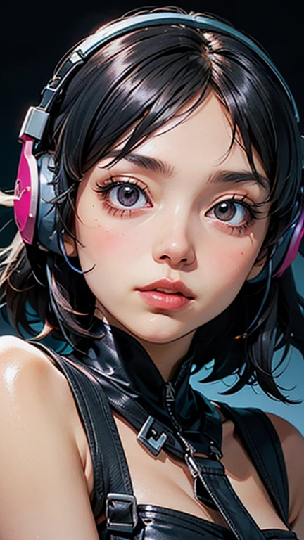 Put on your headphones, a beautiful lady with, bob cut,Bangs, Ultra high definition full body portrait, (high quality) (Super detailed) ; futuristic city, rich and colorful, bright colors, Bright colors, Warm colors.