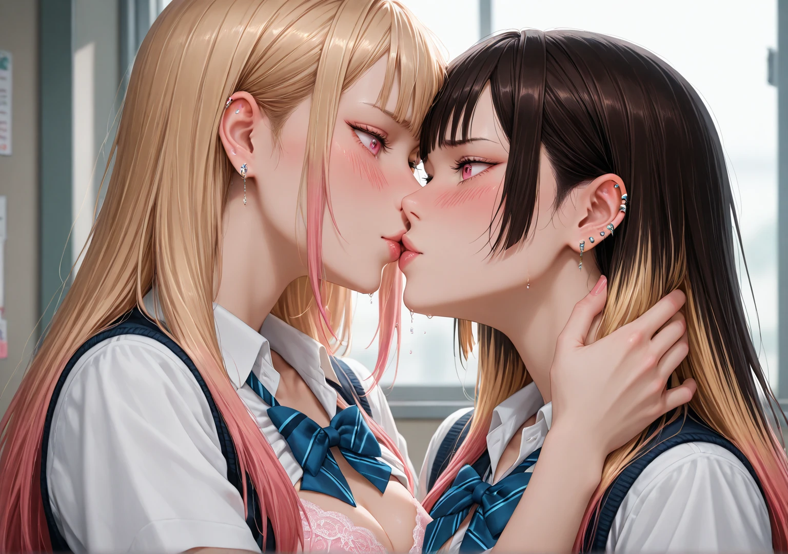 (masterpiece, best quality, ultra-detailed, high resolution, detailed eyes), takeda hiromitsu style, {{{2women}}}, school girl uniform, pet collar, french kissing, looking at each other, (blushing:1.2), (tongue out:1.2), (drool:1.3), breath, in heat, orgasm