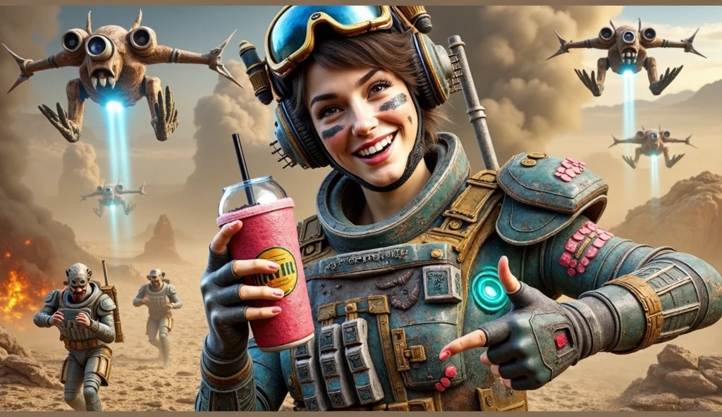 score_9, score_8_up, score_7_up,
fallout, vault uniform 69, 1girl, black woman, dark skin, solo, looking at viewer, hazel eyes, 2 afro puff pigtails ,bodysuit, science fiction, (((drink a glowing blue glass bottle of NUKA COLA))), background wasteland, glowing red and orange sky, destroyed Ferris on a destroyed pier next to the beach, side view, head back chugging