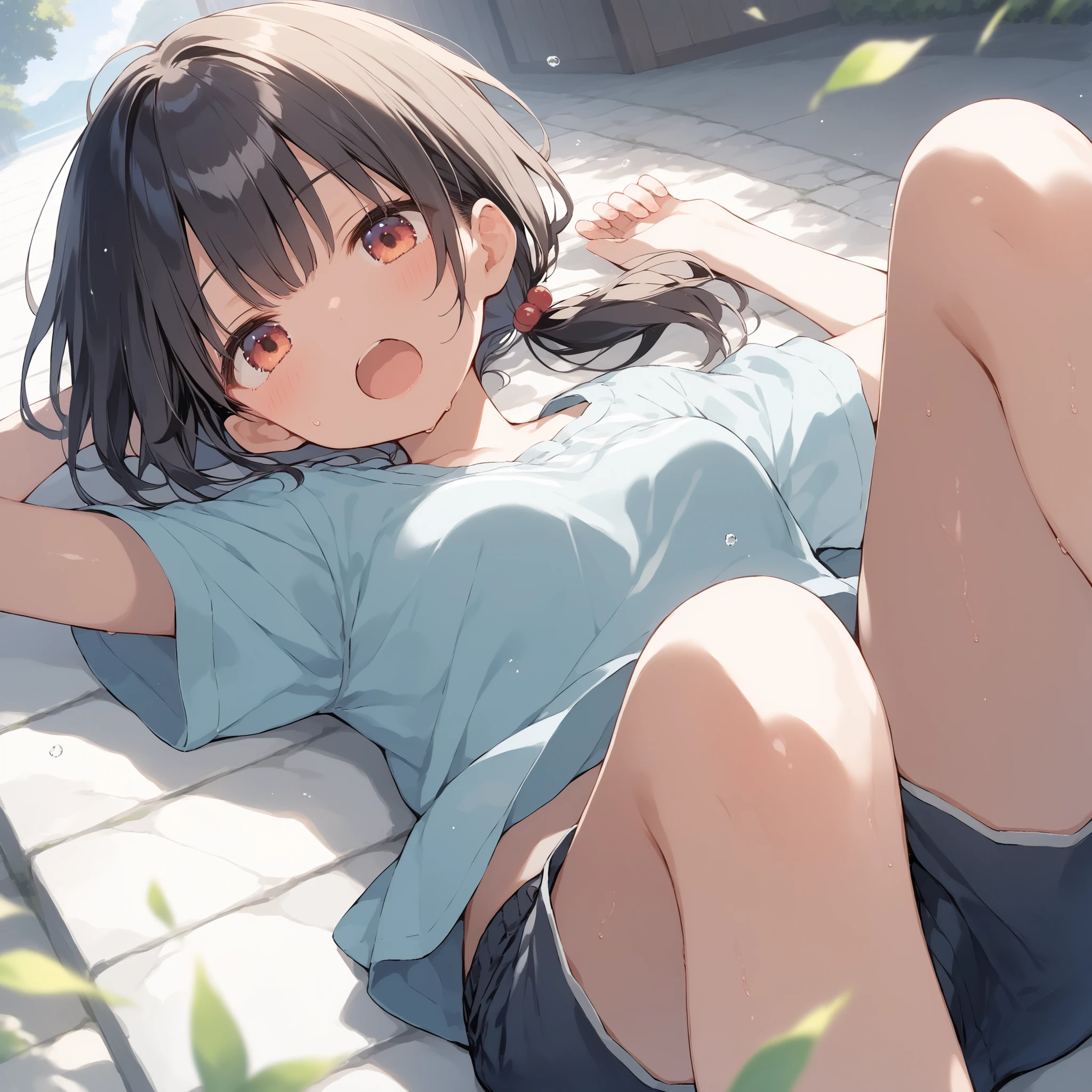 score_9, score_8_up, score_7_up, source_anime, best quality, masterpiece, official art, absurdres, highres, ultra-detailed,waifu2x,Collection: Slice of Life,break,1girl, tomboy, dark-skinned female, short hair, low ponytail, flat chest, beautiful detailed eyes, short shorts, sweat, open mouth, (yawn:0.3), sleepily, outdoors, wind, break,(clear line illustration:1.2),very high resolution, very aesthetic, super detailed skin, Best sexual lighting powered by famous artist, 8k,cute picture,beauty illustration,photoshop_(medium),,(Detailed Lighting),best anime 8k konachan wallpaper, pixiv contest winner,