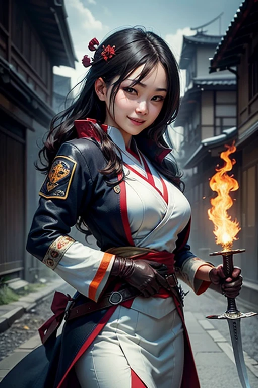 {best quality,4K,8k,highres,masterpiece:1.2),ultra-detailed,(realistic,photorealistic,photo-realistic、looking at the camera}、{Archer、Kyudo、Very large breasts、Covered nipples、extremely detailed eyes and face}、Flaming background、(Has a fire element、There are sparks、big bow)、vibrant colors、Thigh