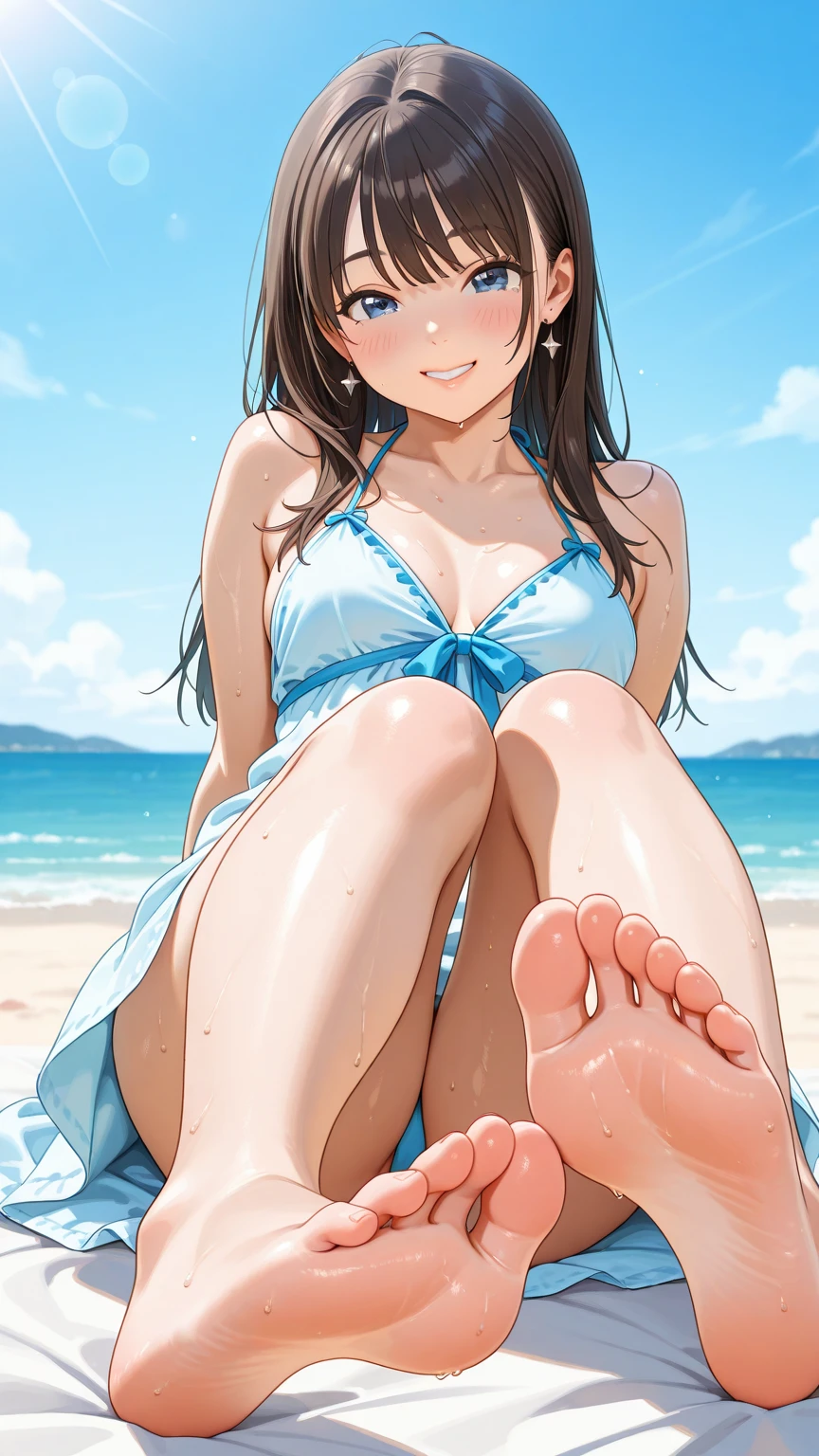 Highest quality、masterpiece、beautiful、detailed、Year: 12、Elementary school girl、Beach、Dynamic pose、Angle from below、smile、Slim figure、Completely naked、Leg spread、pussy、Soaking wet
