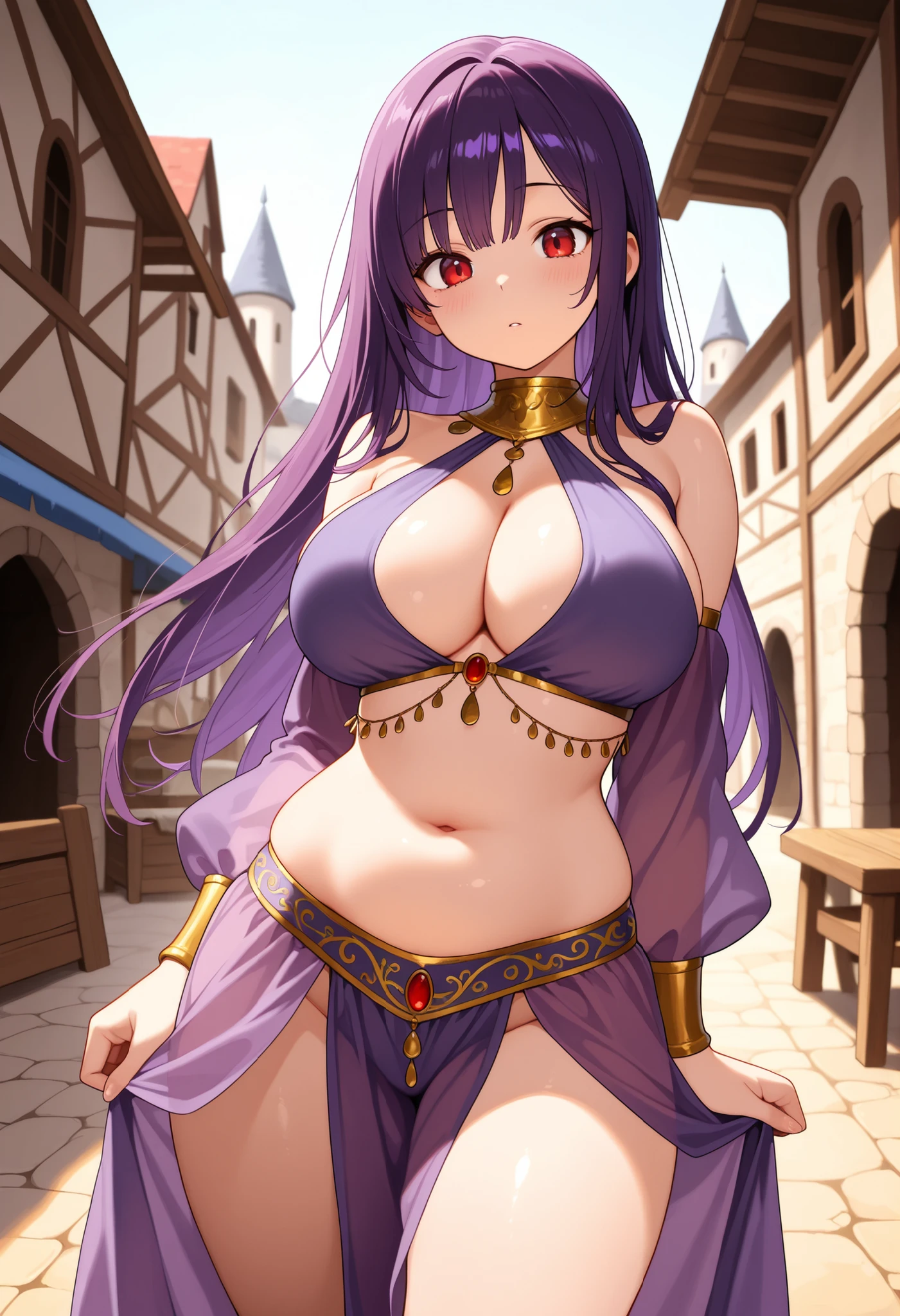 high quality, ultra detailed, best quality, insanely detailed, beautiful, masterpiece, 1girl, medieval plaza, cowboy shot, red eyes, long hair, purple hair, belly dancer, circlet, earrings, armlets, bracelets, bashful smile, large breasts, cleavage, soft stomach