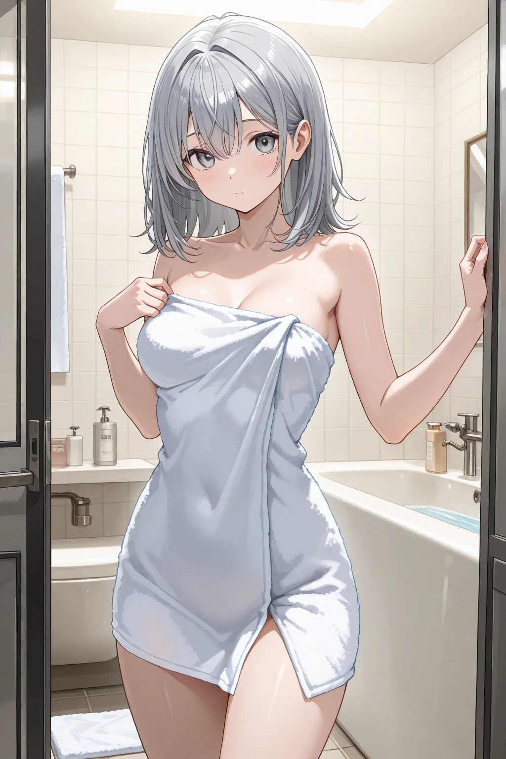 Naked, ((((masterpiece, best quality, high resolution)))), 1girl, naked, white hair, red eyes, short wavy hair, average breasts, blush, ahegao, angry, glow, thighs, bare shoulders, collarbone, narrow waist, cleavage, (beautiful detailed face, beautiful detailed eyes), night time, bathroom, after shower, (see-through silhouette:1.2), see-through, oversized white shirt, wet, dripping wet, wet cameltoe