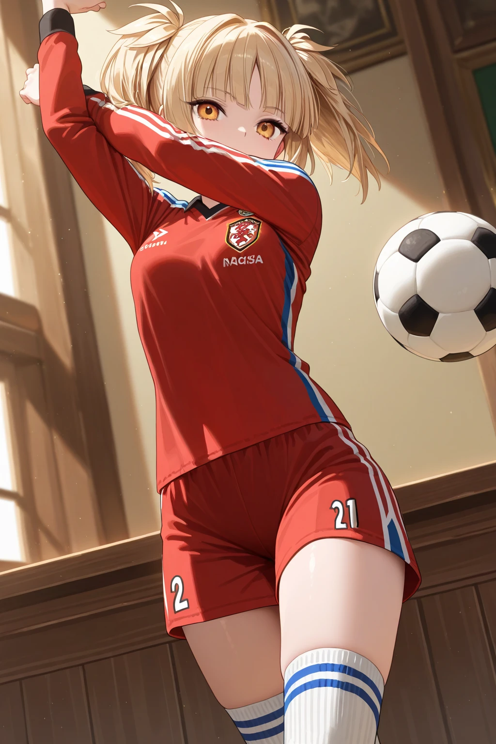 (masutepiece:1.5)、(top-quality:1.5)、(16k wallpaper:1.2)、(Photorealsitic:1.2)、(ultra-detailliert:1.2)、(超A high resolution:1.2)、(Highly detailed and realistic tanned skin:1.2)、(Very detailed and clean sharp eyes:1.2)、(On the school grass playground)、Beautiful sunshine、blue-sky、(Sitting with your knees)、(Slender woman with body shape:1.2)、(Beautiful 18 year old woman:1.2)、Beautiful eyeliner、eyeshadows、Natural Color Lip、(long blonde wavy hair covering one eye:1.2)、(dark red high neck tracksuit:1.6)、embarrassing smile、the chest is medium、Football、(Soccer male student group:1.3)、Navy blue sports panties