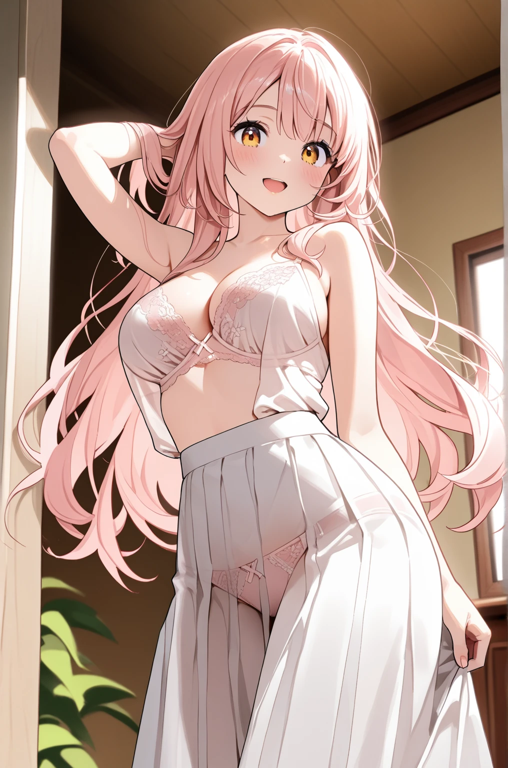 Best quality, femme, sexy, mignonne, jupe rose, talon, penché en avant, cambre, lifts her skirt slightly to the side, beaux seins, provocatrice, sourire