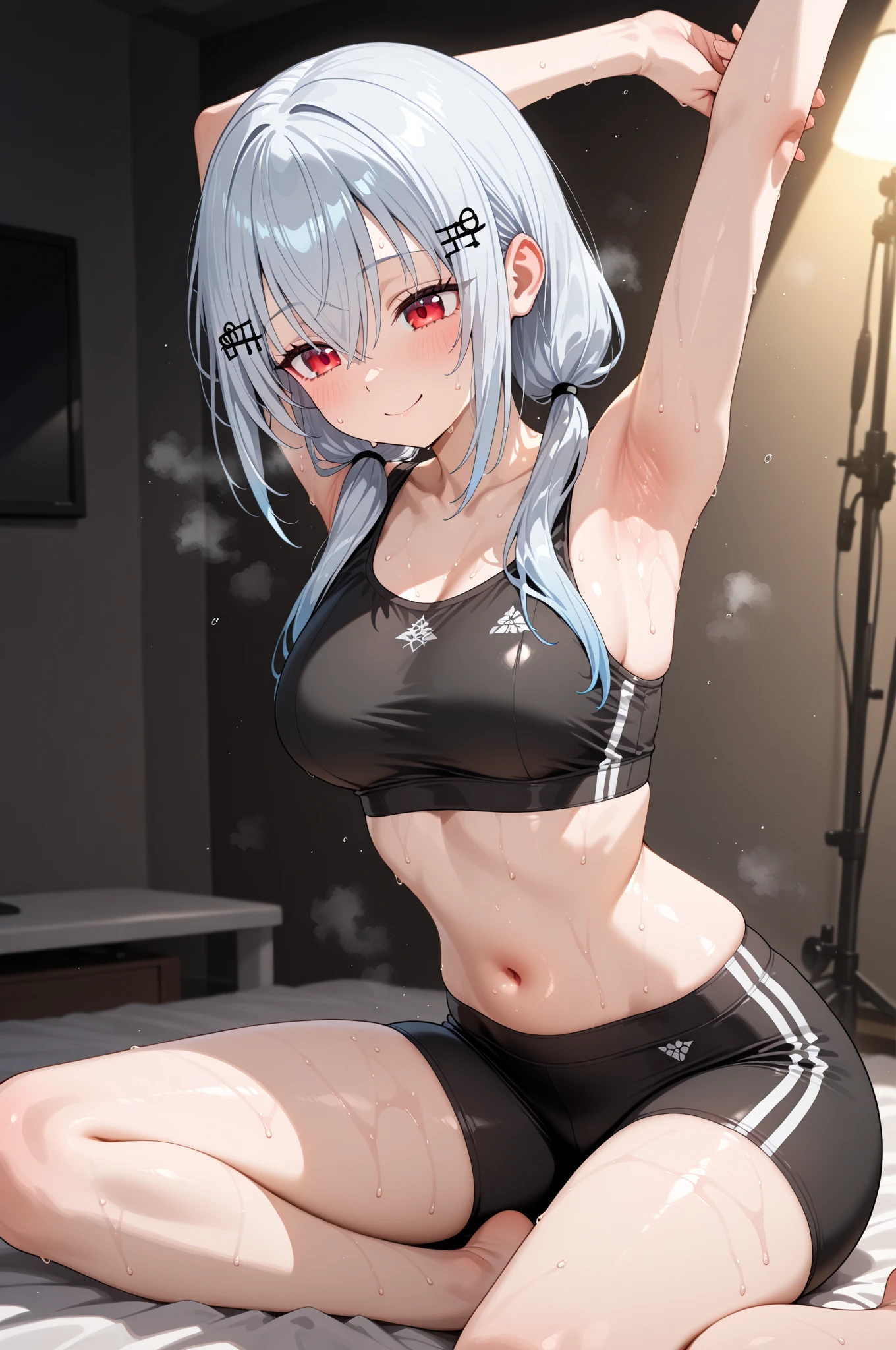 One Woman、Grey Hair、long hair、Grey Eyes、Hair between the eyes、Ahoge、(Big Breasts、Huge breasts)、stretch、Bed movement、Yoga poses、Forward bending、Tank top、Shorts、Training wear、Cleavage、Angle from the front、Spread your legs、