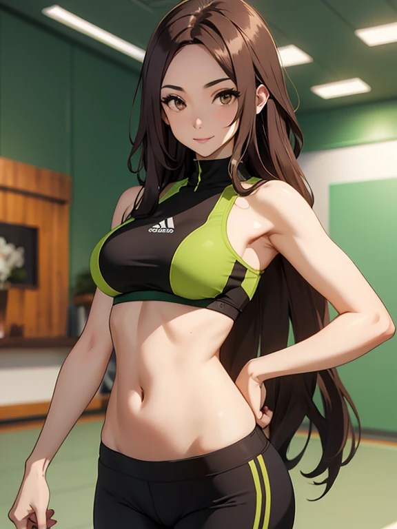 brown hair, brown eyes, long hair, looking at viewer, solo,forehead,masterpiece, best quality, photorealistic, yujiasuit, yoga sports bra, yoga pants, 1girl, solo, , yoga ball, pants, looking at viewer, smile, green sports bra, simple background, , midriff, long hair, , green pants, sportswear, tank top, upper body,

