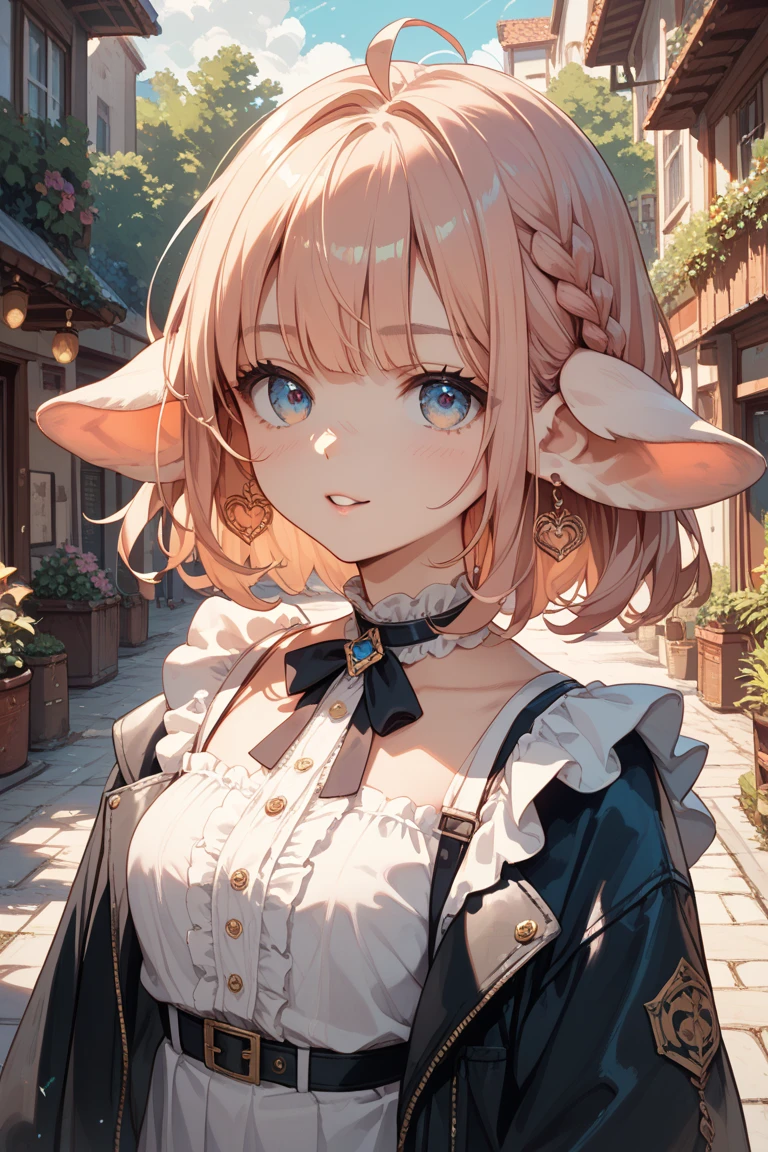 There is a woman with pink hair and bunny ears standing in a room, final fantasy style 14, final fantasy 14 sharp, neferpitou, Final Fantasy XIV, Final Fantasy 1 4 screenshot, She is in the potions workshop, wearing cyber bunny ears, ffxiv, close-up portrait of an artificer, Final Fantasy 1 4, tiflin hermosa con su traje de caballera negra sosteniendo una espada en un lobby del juego y pose de guerrera