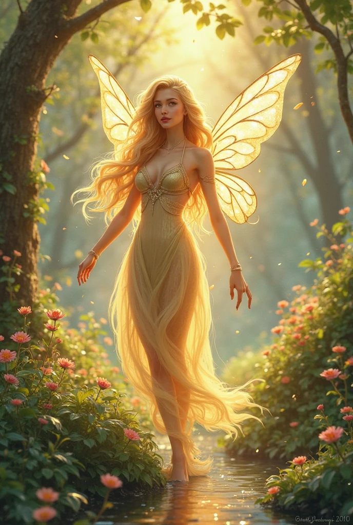 Generate an image with botanical bearded fairy magical details,Twilight,atmosphere with beautiful dreamy flowing dress with shades of blue pink and lavander. Flowing long beautiful blonde hair . Shining eyes and beautiful pink sky and mesmerizing flowers tupils orchids yellow green orange