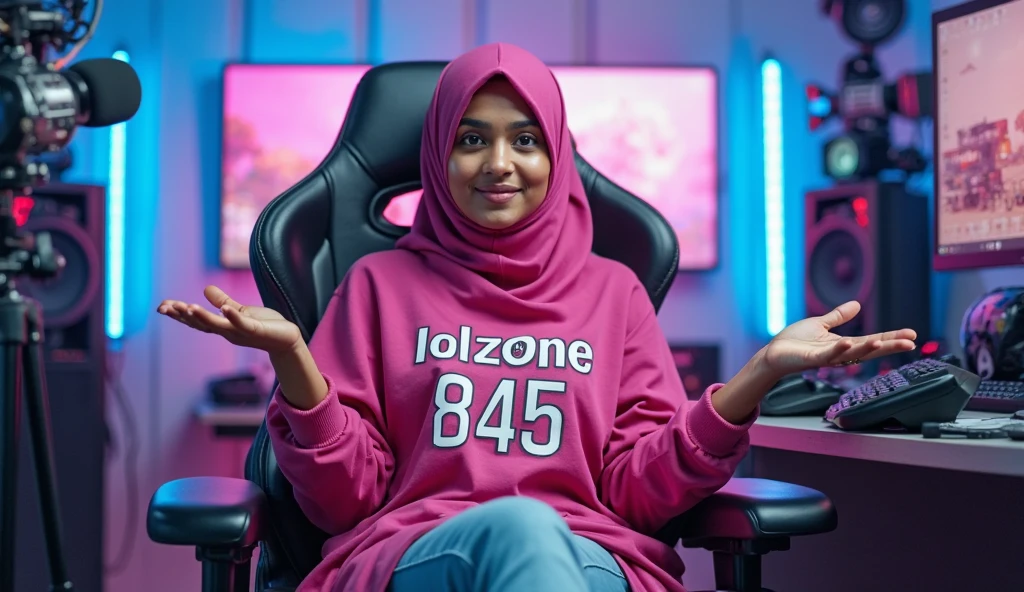 An Islamic women sitting in gaming chair wearing blue coat and face face is my side eye contact with Audience

 in front table leptop and Mobile lighting room background in gray wall writing "Miraib Styles" White colour Yellow neown glow