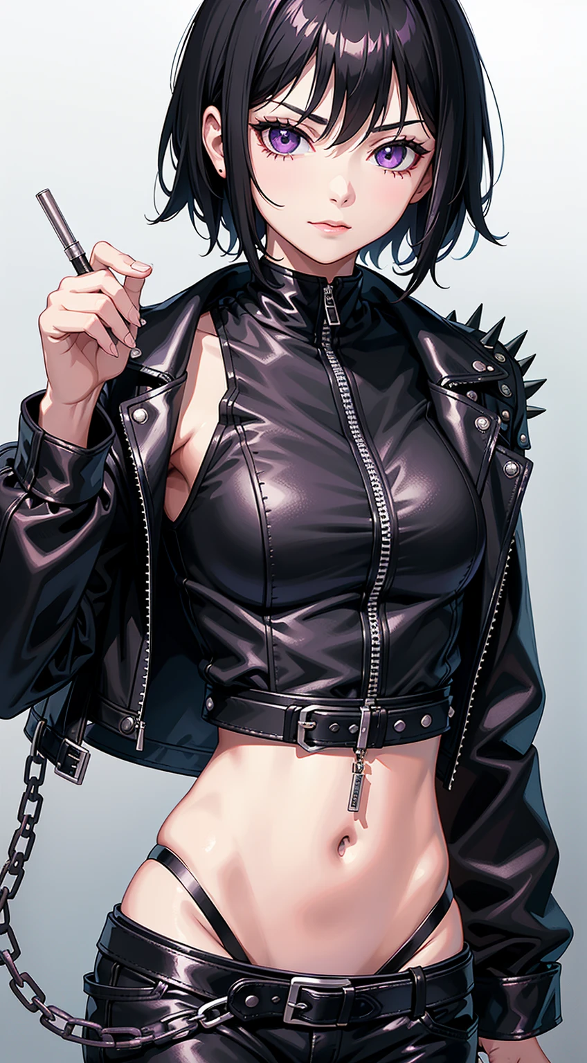 young girl, short black hair, violet eyes, smirk, Black leather jacket with spikes, open belly, breeches, Chains on clothes, scar on face, cigarette, Smoke, hiquality, 4k, HD, Good detail