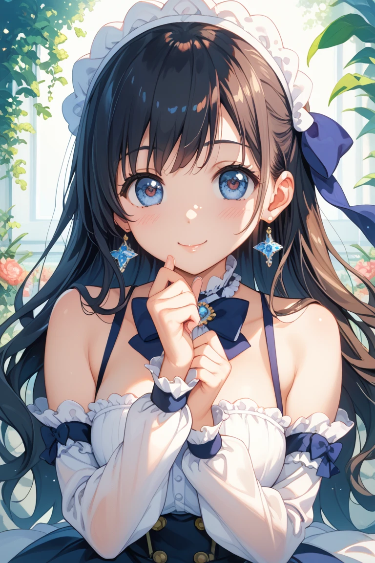 A shining ring placed in the center、Beautiful girl looking at the ring、Great smile、Bright smile、White half dress、Light blue long dress、Beautiful girl with twin tails