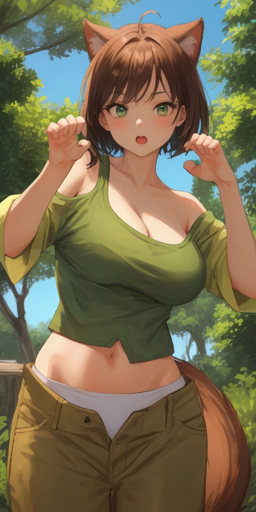 ((best quality, highly detailed, masterpiece)), (intricate, absurdres, volumetric lighting, (anime screencap), beautiful, stunning, solo, huge breasts, brown hair, green eyes, pixie cut, round breasts, wide hips, (tomboy:1.5), blushing, :3, thick thighs, bare arms, dolphin shorts, cameltoe, midriff, skindentation, tubetop, underboob, cat ears, strapless, bandeau, forest, mottled sunlight, ahoge, abs, from above, bare shoulders